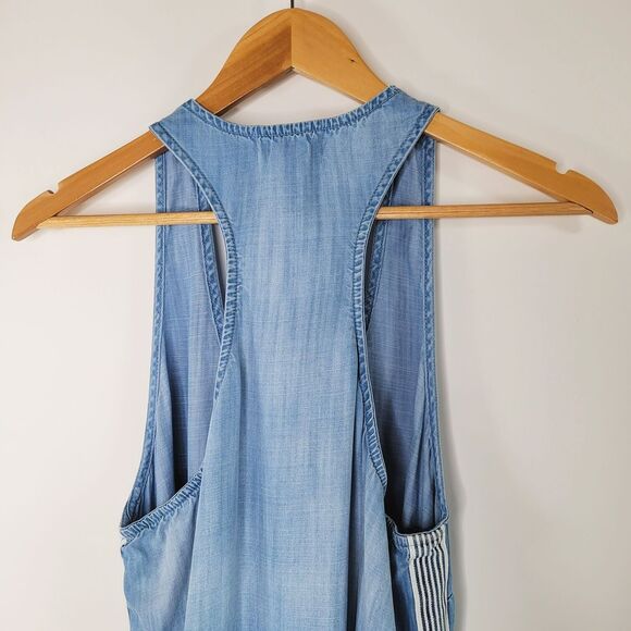 BELLA DAHL Blue Chambray Dress Size L Side-Stripe Racerback Flounce V-Neck - Picture 15 of 15